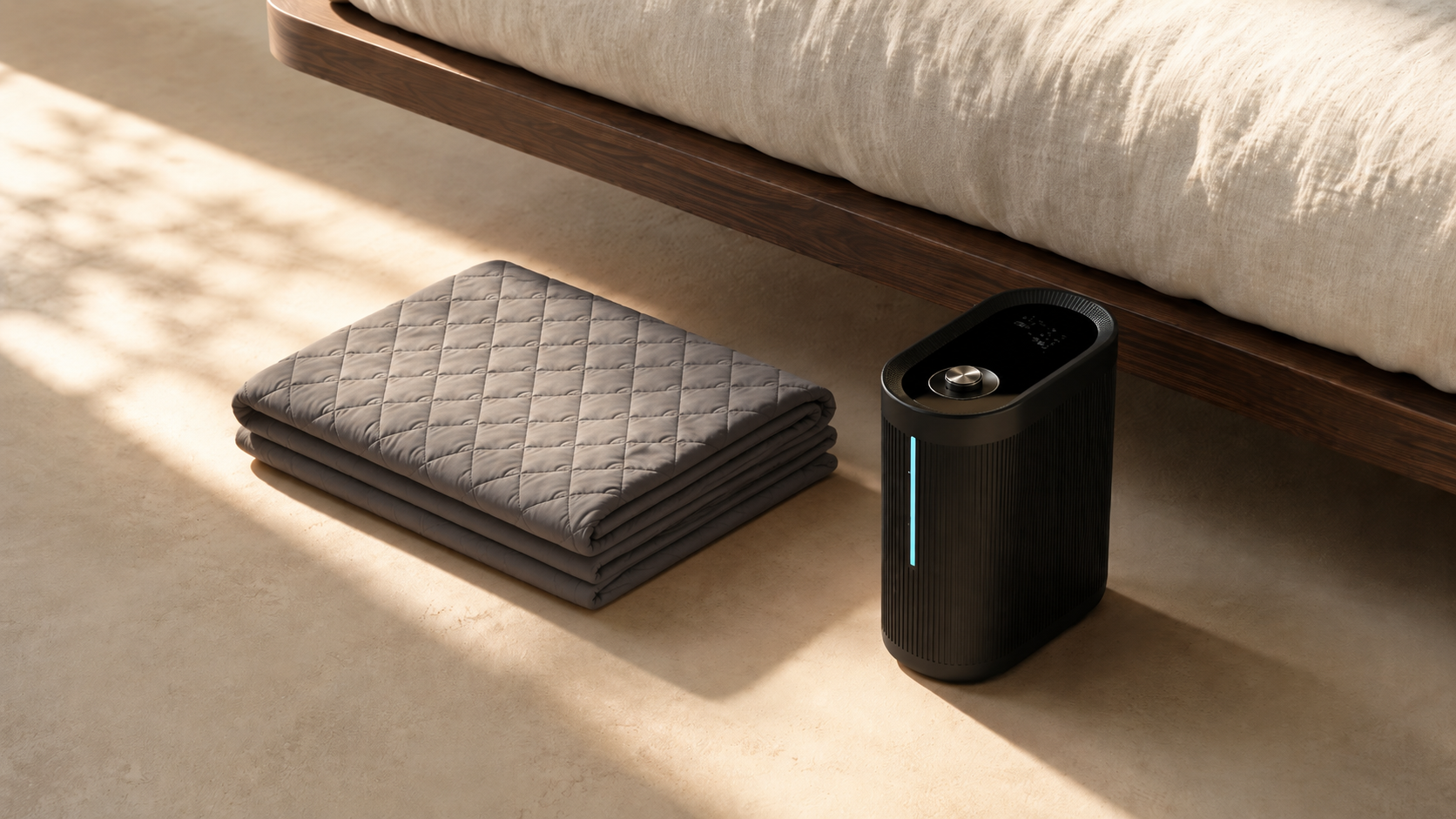 Wakewell black bedside temperature dock beside the folded temperature cover