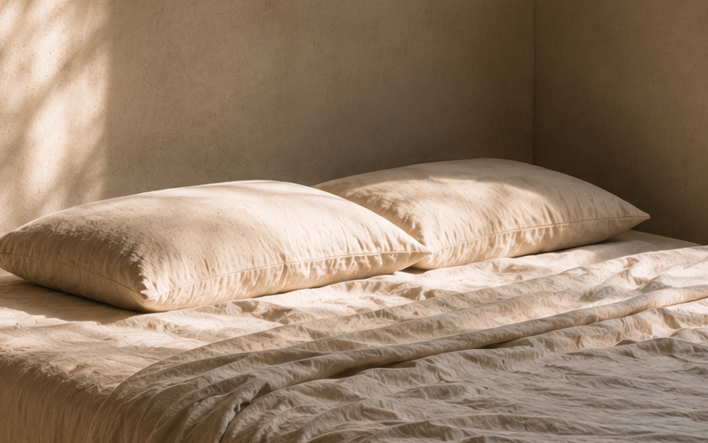 Fresh ivory bedding in warm natural sunlight