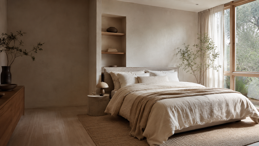 A freshly made ivory bed in a warm quiet bedroom