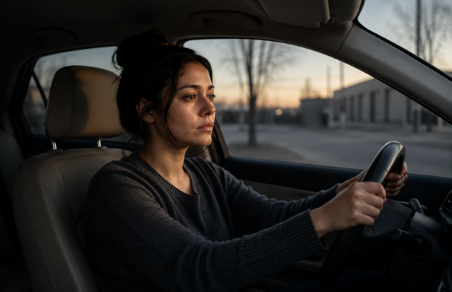 A woman in her early thirties feeling tired while driving