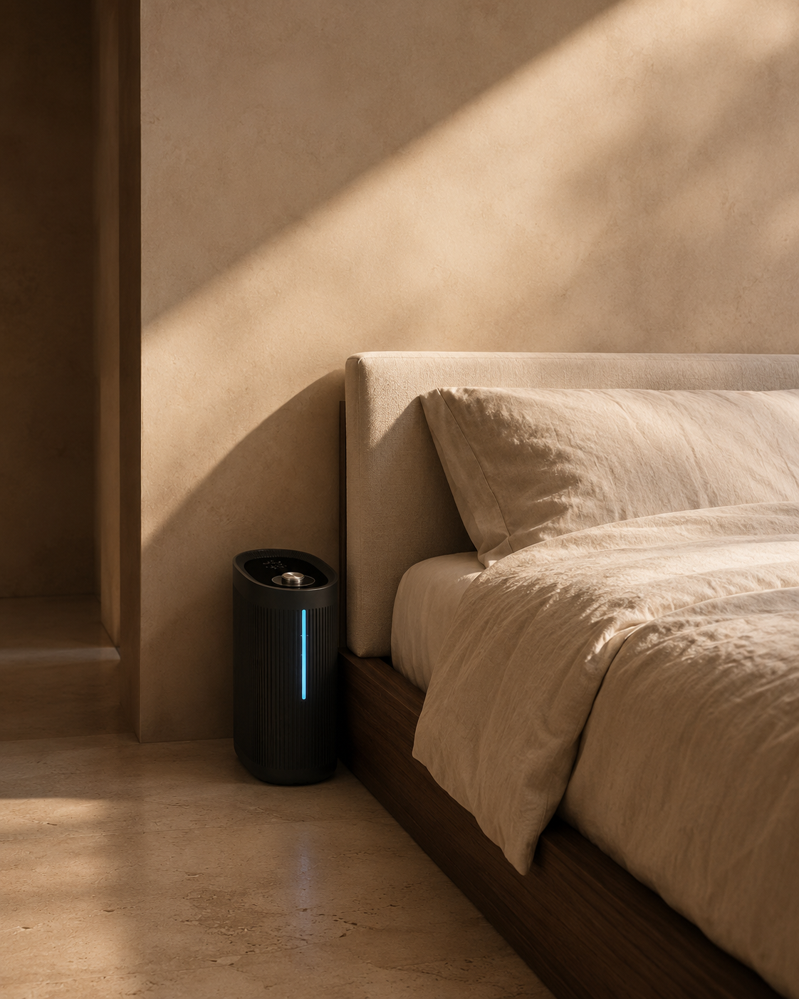 WakeWell smart dock beside the pillow end of a bed